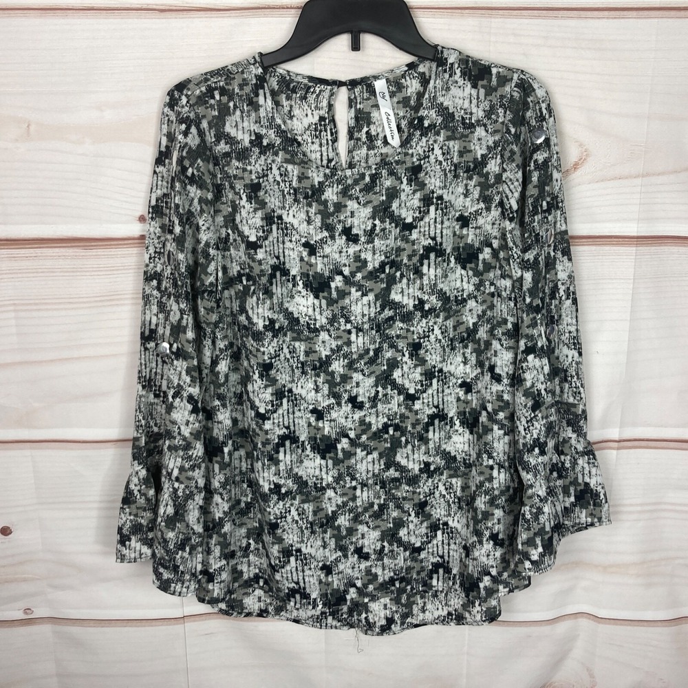 NY Collection Top Womens M Black Gray Geometric Blouse Flare Sleeve Pullover